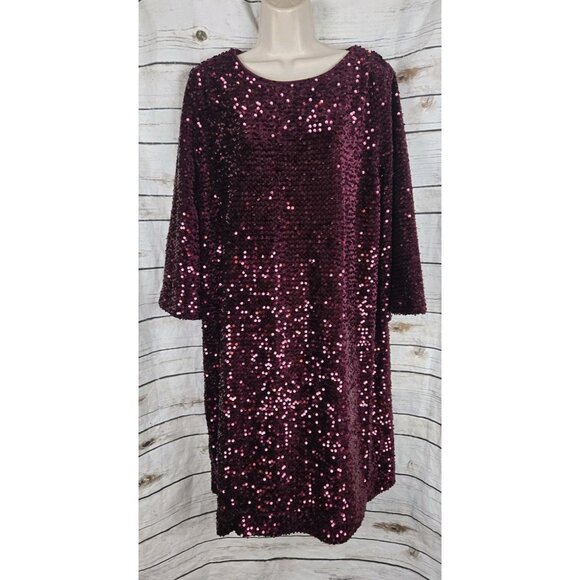 Chico's Burgundy Sequin Shift Dress 3 Womens Midi 16/18 Party Holiday Cocktail - Picture 1 of 7